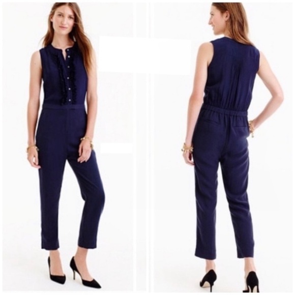 J.crew Silk Ruffle Front Jumpsuit in Navy Blue StyleF5571 - Picture 2 of 9